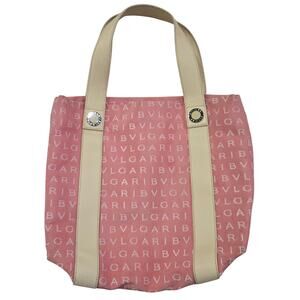 BVLGARI Maerea Logo Mania Canvas Leather Mini Tote Bag Purse Pink Cream Preppy